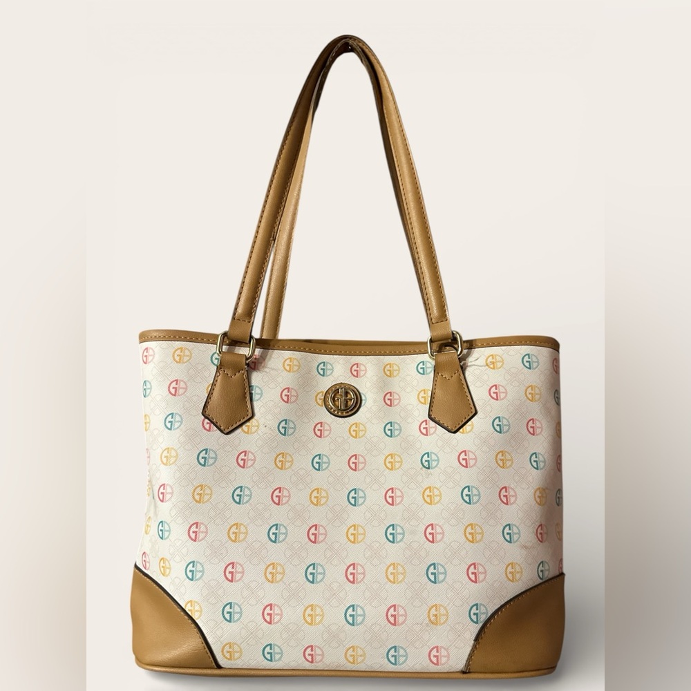 Gianibernini Multicolor Logo Canvas Tote with Tan Trim
